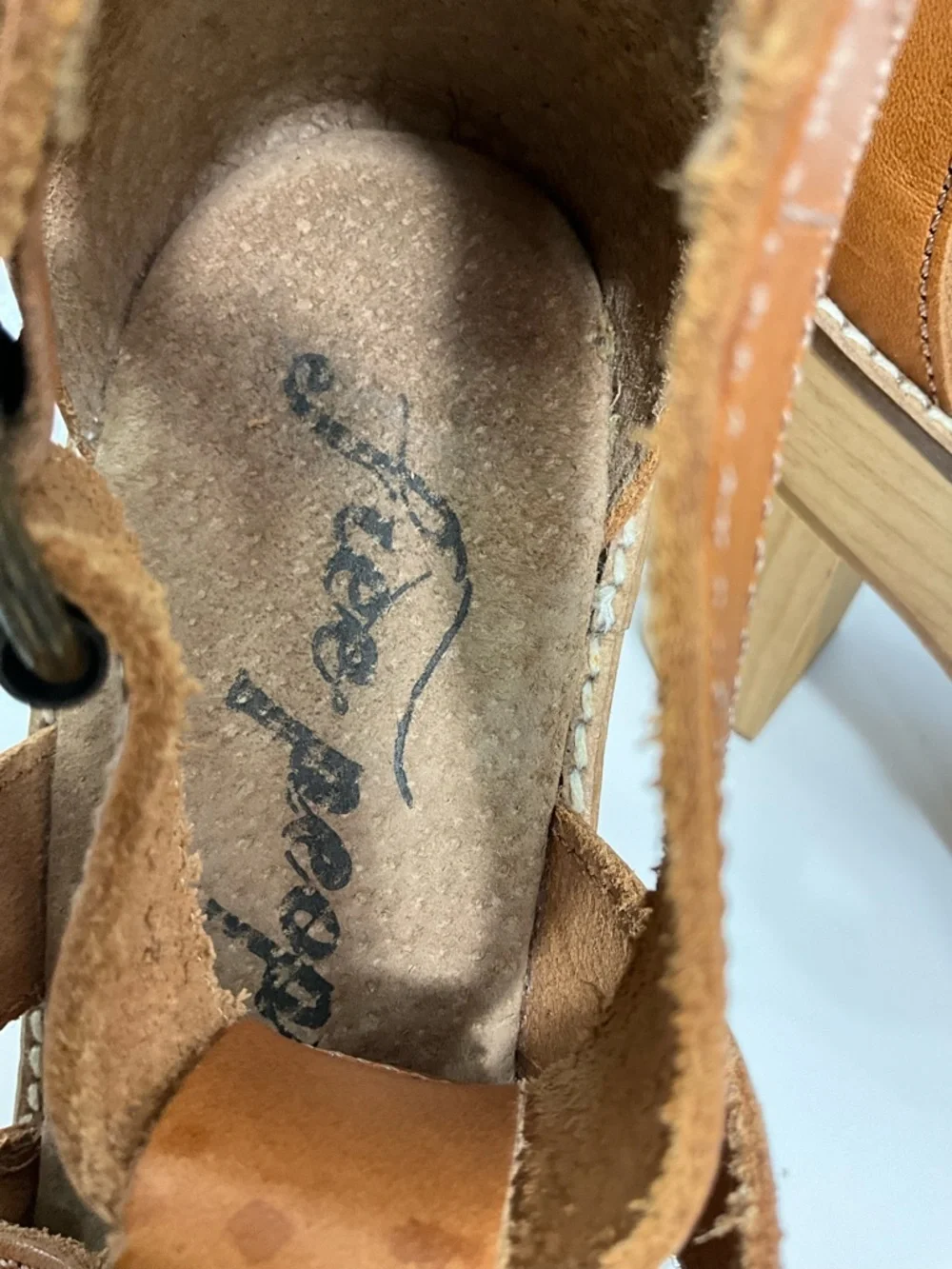 Free People Mix It Up Platform Sandals Cognac Leather Wood Heel Size 7.5